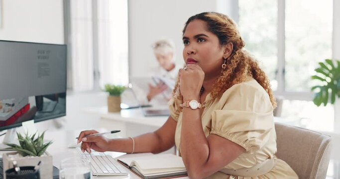 Black Woman, Computer And Writing In Notebook Or Thinking For Schedule Planning, Manager Notes And Reading Email Communication. Seo Employee, African Woman And Receptionist Working On Pc With Journal