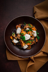 Warm Salad with crispy eggplant and tomatoes, cottage cheese, spices, herbs, sesame seeds, sunflower seeds, Georgian cuisine, no people,