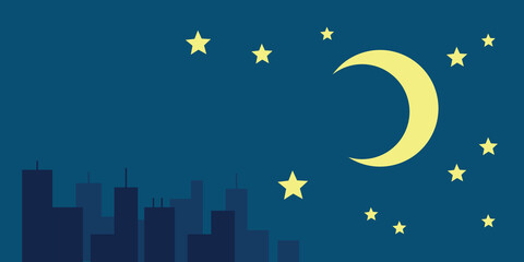 Obraz na płótnie Canvas Night urban landscape. Moon and stars in sky above city