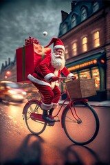Santa Claus bringing presents on a bicycle in a snowing London Street to children.