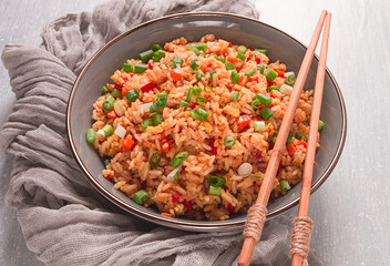 Fried Rice, with vegetables and egg, Chinese cuisine, homemade, no people,