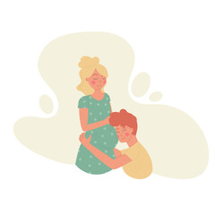 Pregnant woman and man hugging her belly. Vector