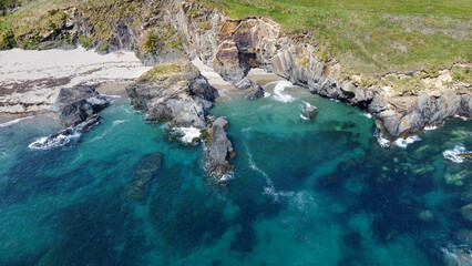 Rocky shores along the route of the Wild Atlantic Way, top view. Seascape of the southern coast of...