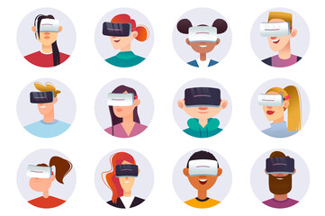 Fototapeta premium Metaverse characters avatars isolated set. Different portraits of men and women with VR headset playing with augmented reality technology. Illustration with people in flat cartoon design