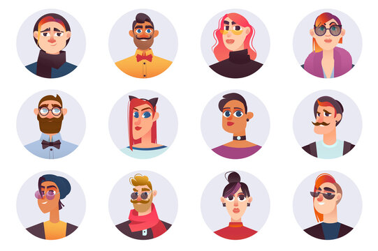 Hipster characters avatars isolated set. Different portraits of men and women with fashionable hairstyles, glasses, hats and stylish clothes. Illustration with people in flat cartoon design