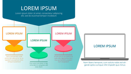 Colorful infographics 16:9 of the process with the output of the final information on the laptop screen. Presentation slide vector template with graphics and text isolated on transparent background