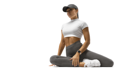 Fit woman sitting on floor. Sport. Fitness Girl With Strong Muscular Body In Fashion Sporty After Doing Flexibility Exercise. Female Bodybuilder
