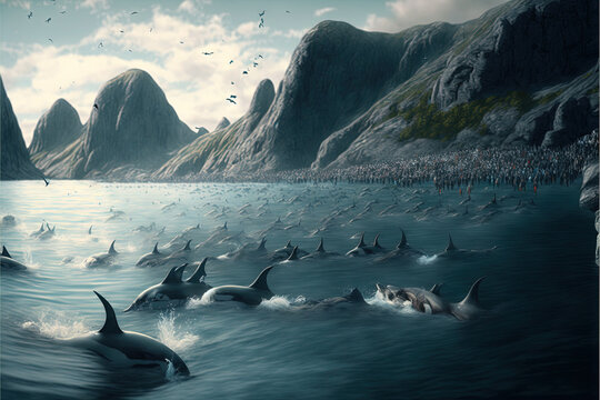 Grindadrap Faer Oer island whaling dolphin and whale hunting illustration generative ai