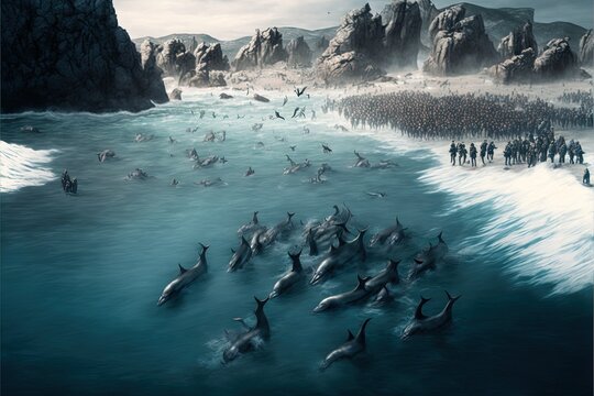 Grindadrap Faer Oer island whaling dolphin and whale hunting illustration generative ai