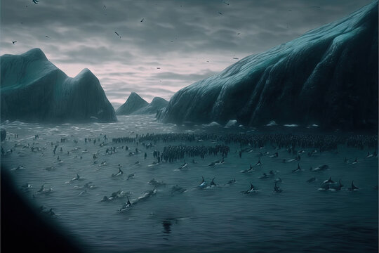 Grindadrap Faer Oer island whaling dolphin and whale hunting illustration generative ai