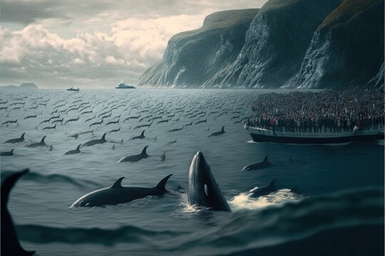 Grindadrap Faer Oer island whaling dolphin and whale hunting illustration generative ai