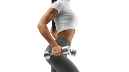 Young woman doing exercise with dumbbell. Close-up shot of muscular female body. Workout with dumbbells.