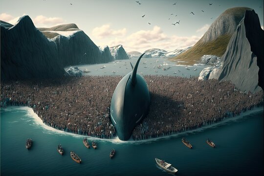 Grindadrap Faer Oer island whaling dolphin and whale hunting illustration generative ai