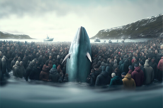 Grindadrap Faer Oer island whaling dolphin and whale hunting illustration generative ai