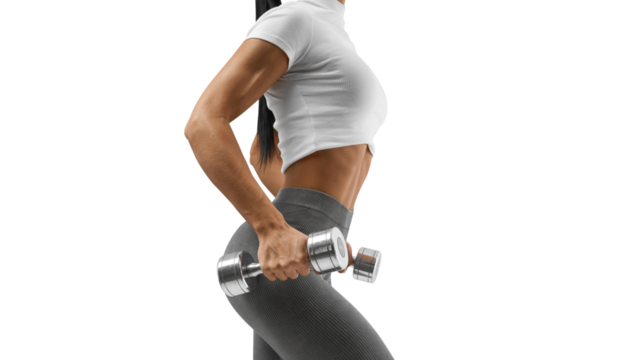 Young woman doing exercise with dumbbell. Close-up shot of muscular female body. Workout with dumbbells. 