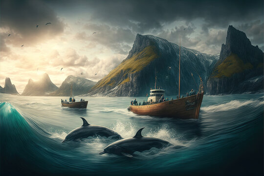 Grindadrap Faer Oer island whaling dolphin and whale hunting illustration generative ai
