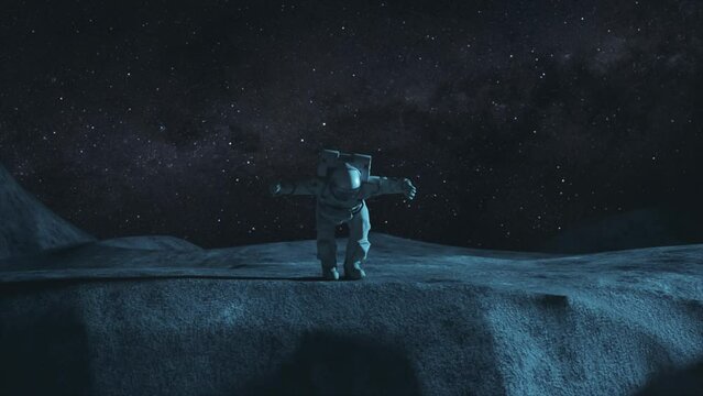 An astronaut runs across the moon and almost falls into a lunar crater, a space concept. 3d animation