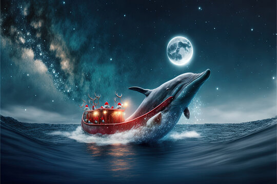 Santa Claus Sleigh Being Pulled By A Christmas Dolphin Generative Ai