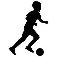 Fototapeta na wymiar Silhouette of football player boy kicking ball, children game of soccer. Vector illustration
