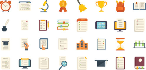 School test icons set flat vector. Online learn. Quiz education isolated