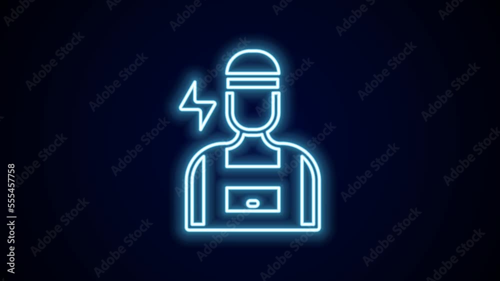 Poster Glowing neon line Electrician technician engineer icon isolated on black background. 4K Video motion graphic animation