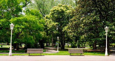 Couple of empty benchs in a middle of a green park with lampost during the day, Spain