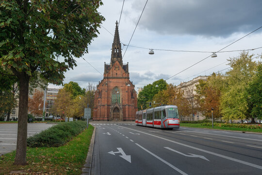 Red Church and Brno Tram - Brno, Czech Republic