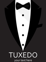 Black and white bow for men. Tuxedo with bow tie. Design for business card, flyer, invitation card, banner, advertisement. Gentleman's Club. Vector illustration
