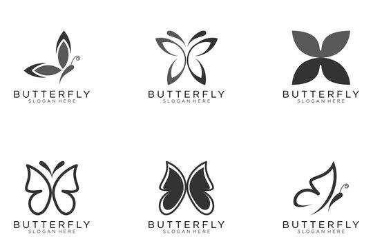 Set of six stylized geometric black butterfly symbols, celtic knot style tattoo design or logo. Isolated vector illustration collection.