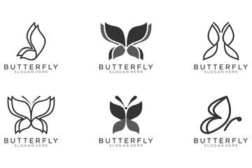 Fototapeta premium Set of six stylized geometric black butterfly symbols, celtric knot style tattoo design or logo. Isolated vector illustration collection.
