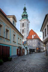 Cesky Krumlov street and former Church of Saint Jost Tower - Cesky Krumlov, Czech Republic