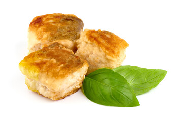 Grilled hake fish fillet, isolated on white background.