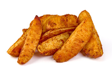 Baked potato wedges, fried potatoes, isolated on white background.