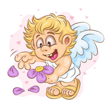 Cartoon Cupid and Flower. Clipart. A cute illustration for the cartoon Cupid fortune-telling on a flower: loves - does not love. Cartoon mascot for Valentine's Day.