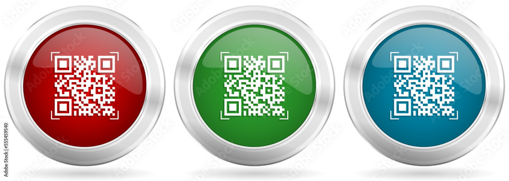 Poster Qr code, shopping vector icon set. Red, blue and green silver metallic web buttons with chrome border