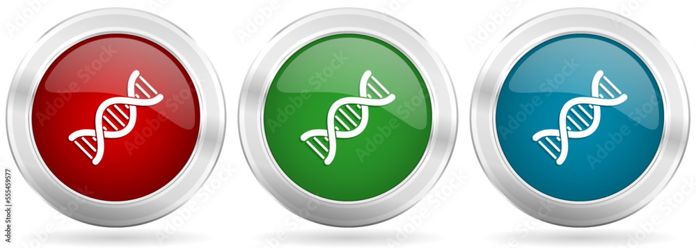 Aufkleber dna, genetic molecule vector icon set. red, blue and green silver metallic web buttons with chrome b