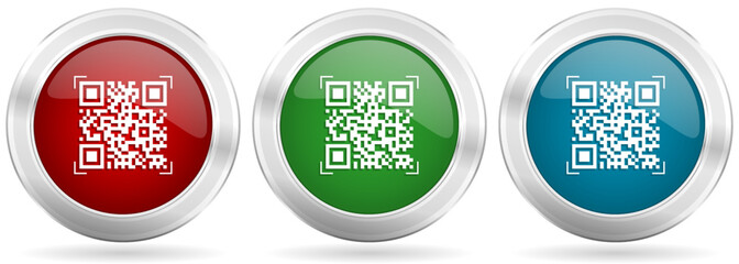 Qr code, shopping vector icon set. Red, blue and green silver metallic web buttons with chrome border