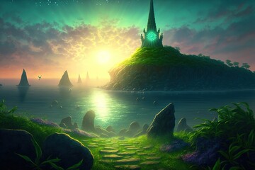 Norse Mythology Scenery. Fantasy Landscape. Water colour. illustration art. Digital painting. Generative AI.	