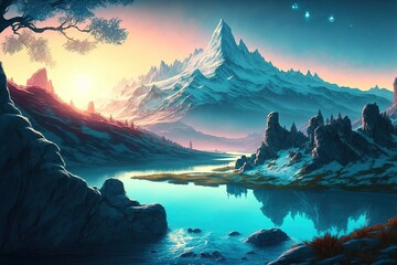 Fototapeta na wymiar Norse Mythology Scenery. Fantasy Landscape. Water colour. illustration art. Digital painting. Generative AI. 
