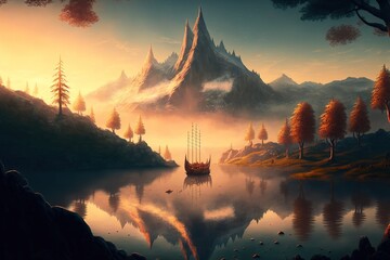 Norse Mythology Scenery. Fantasy Landscape. Water colour. illustration art. Digital painting. Generative AI.	