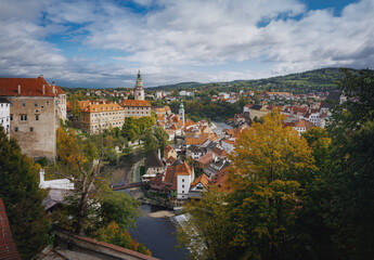 Fototapeta na wymiar Aerial view of Cesky Krumlov with Castle and Vltava River - Cesky Krumlov, Czech Republic