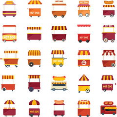 Hot dog cart icons set flat vector. Business food. Cafe carnival isolated