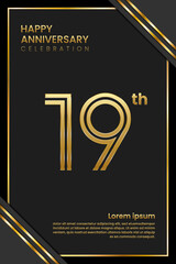 19th Anniversary. Anniversary Template Design With Golden Text. Double Line Design Concept. Vector Template Illustration