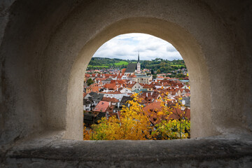 Church of Saint Vitus view from Castle wall stone window - Cesky Krumlov, Czech Republic