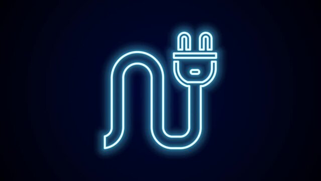 Glowing neon line Electric plug icon isolated on black background. Concept of connection and disconnection of the electricity. 4K Video motion graphic animation