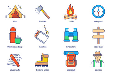 Camping concept line icons set. Pack outline pictograms of tent, hatchet, bonfire, compass, thermos and cup, binoculars, road sign, trekking shoes. Flat elements for mobile app and web design