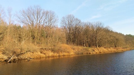 The sky over the lake in November is blue with feathery clouds. There are bushes and trees growing on the grassy shore. The wind on the water has created a small wave. The weather is sunny and cold