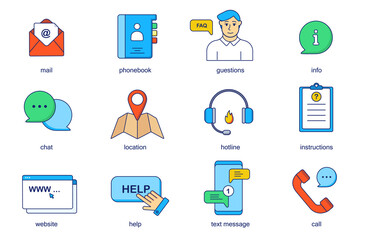 Contact us concept line icons set. Pack outline pictograms of mail, phone book, question, info, chat, location, hotline, help, text, message, call. Flat elements for mobile app and web design