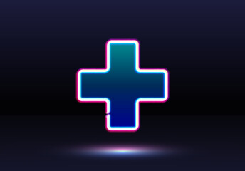 Plus neon sign in the dark room. Shiny cross emblem or icon.