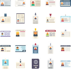 Id card icons set flat vector. Tag name. Template pass isolated